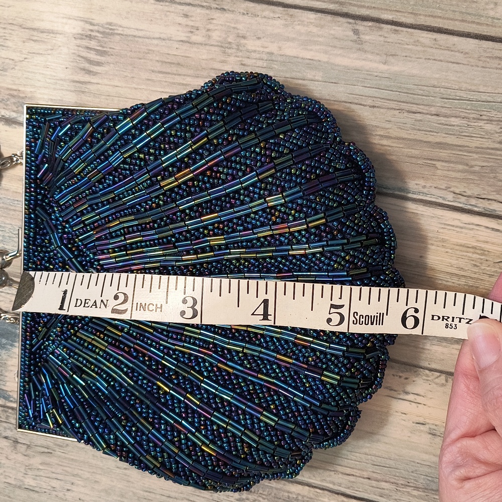 Vintage Blue Glass Beaded Clam Purse - Picture 2 of 5
